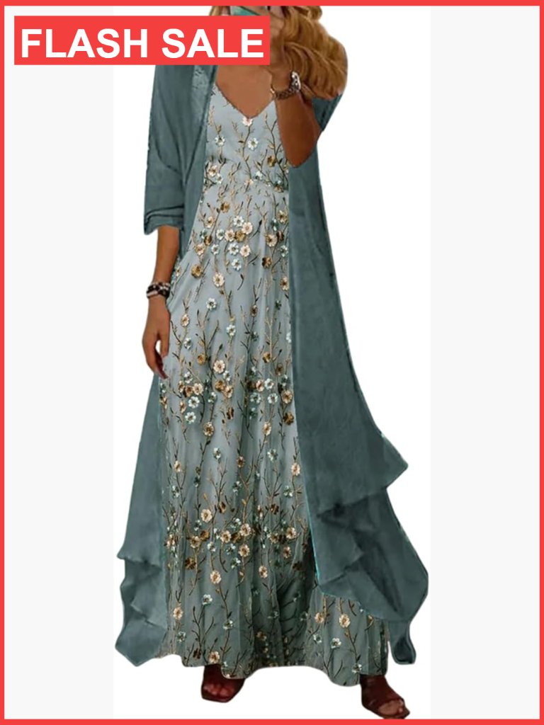 2 Piece Maxi Dress Set Sleeveless W/ Sheer Cardigan Women's Summer Outfit